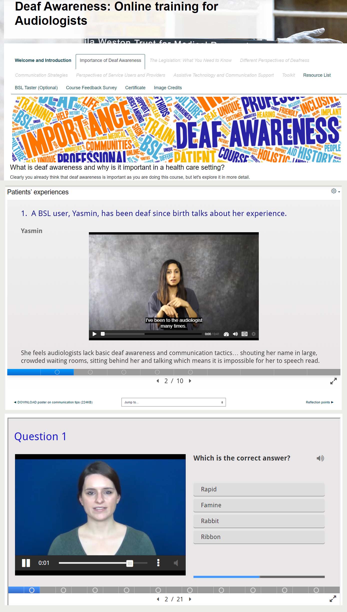 An image showing the front page of the course, a video page, and the page with a lip-reading game.